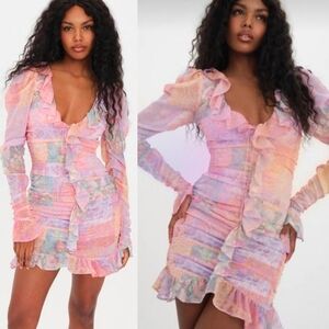 For Love & Lemons Veronica Ruffle Ruched Bodycon Mini Dress Small Romantic Glam